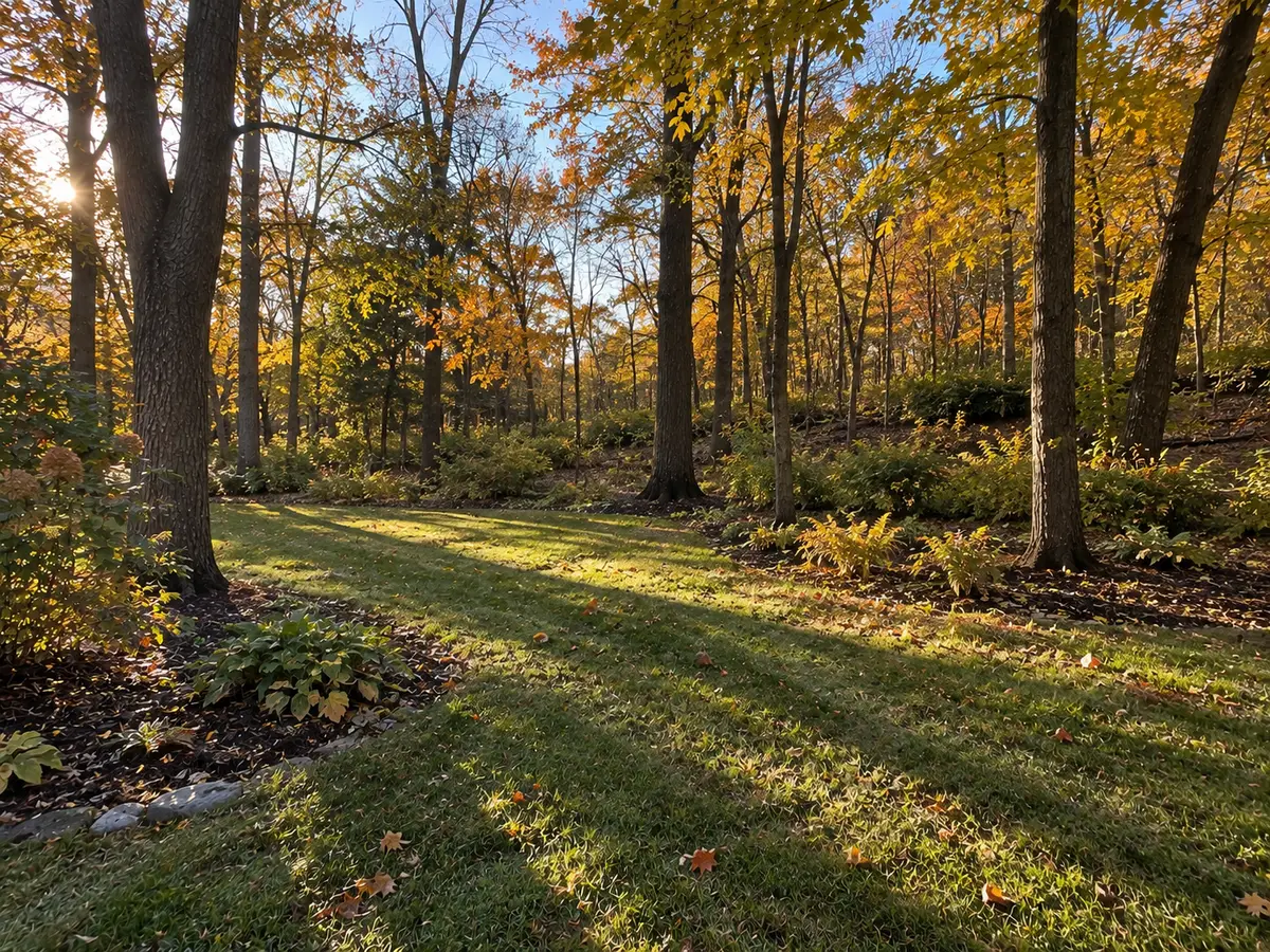 Illustration: the same wooded lot after a cleanup, with the lawn clear