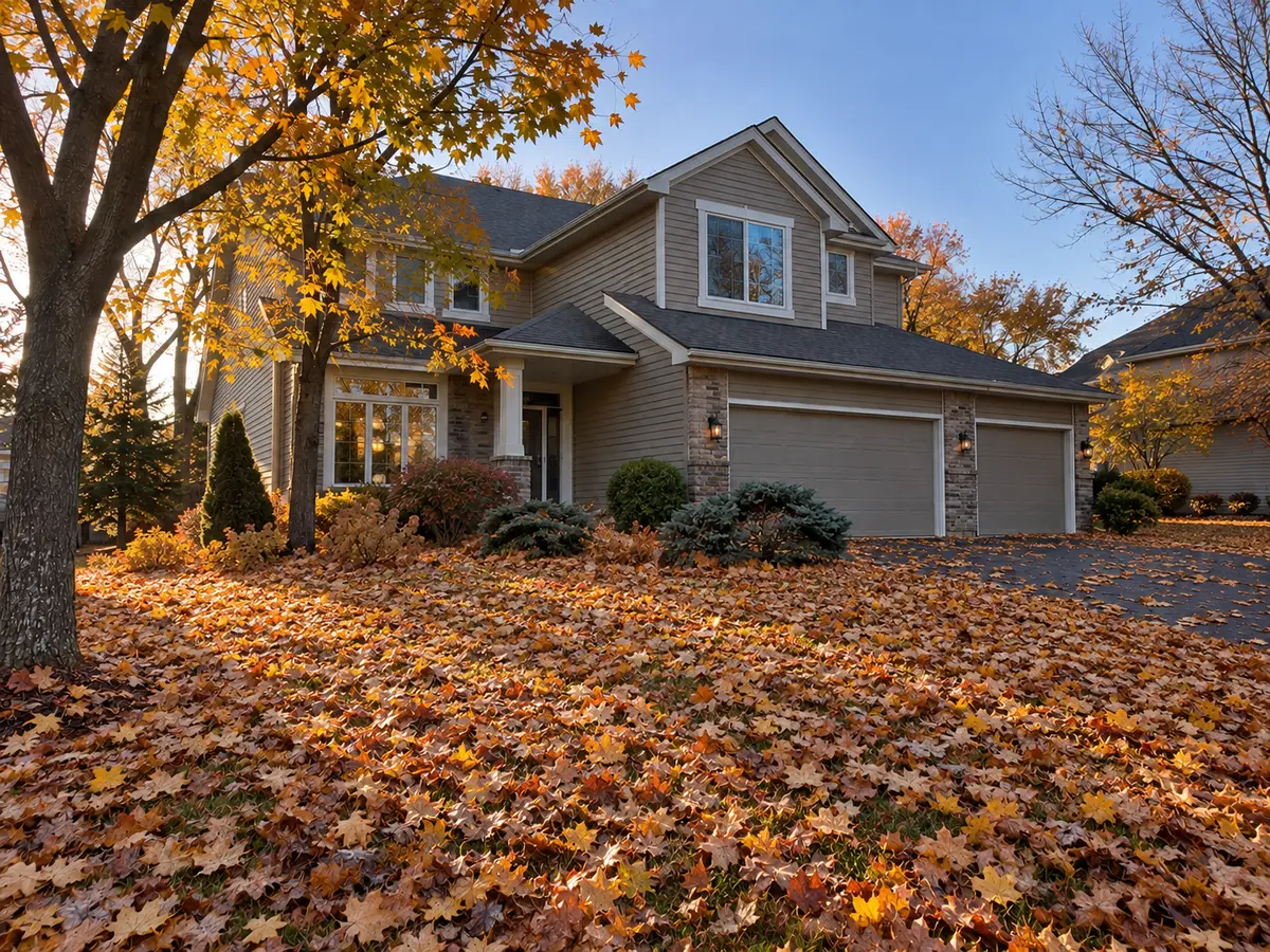 Illustration: a front yard covered in fallen leaves, before a cleanup